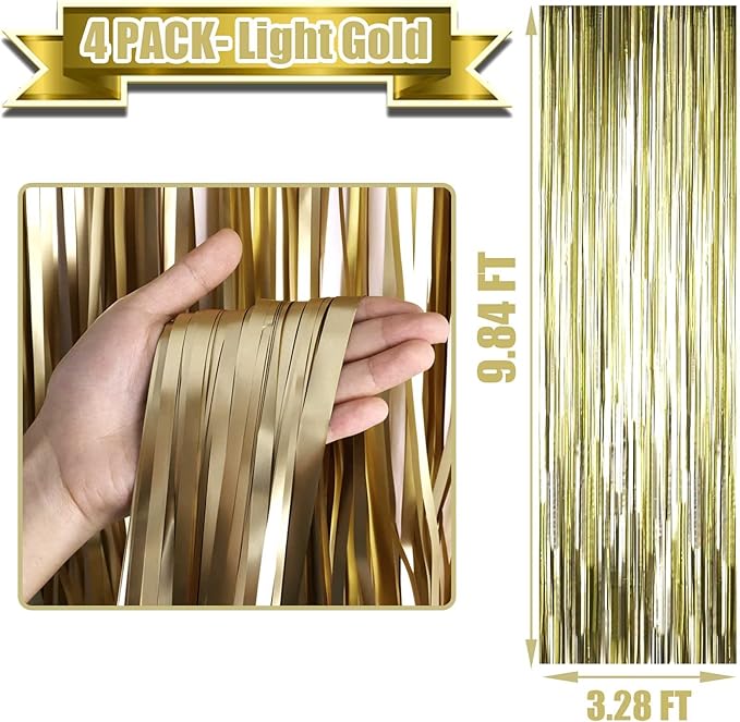 4 Pack Light Gold Foil Fringe Curtain Backdrop, 3.28Ft x 9.84Ft Metallic Tinsel - Image 2