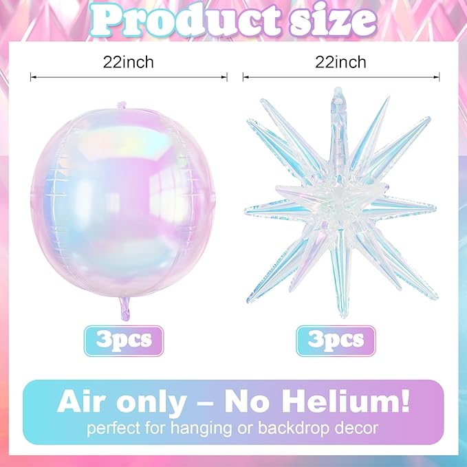 6Pcs Iridescent Foil Balloons, 22in 4D Round Ball and 18in Explosion Star - Image 2