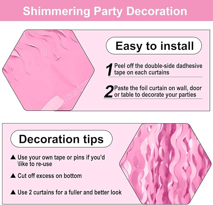 4 Pack Macaron Pink Wave Foil Fringe Curtain Backdrop, 3.28Ft x 8.2Ft Metallic - Image 3