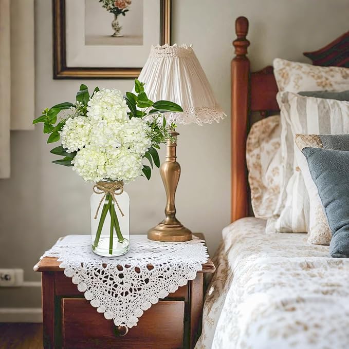 Hollyone White Hydrangea Artificial Flowers in Clear Glass Vase - Image 6