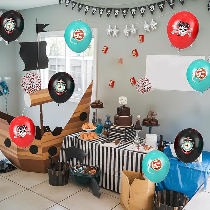 Pirate Balloons, 12 Inch Teal Black Red Confetti Balloons - Image 6