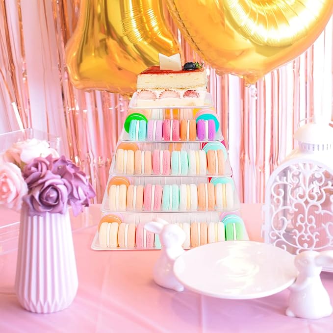 5 Tiers Square Macaron Tower Stand, Plastic Transparent Cake Stand Macaroon - Image 8