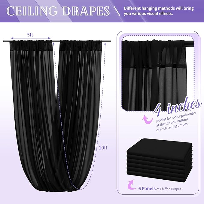 6 Panels Black Ceiling Drapes for Wedding 5ftx10ft Chiffon Fabric Arch Draping - Image 2