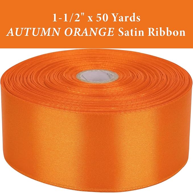 1-1/2 Inch Autumn Orange Satin Ribbon 50 Yards Solid Fabric Ribbons - Image 2