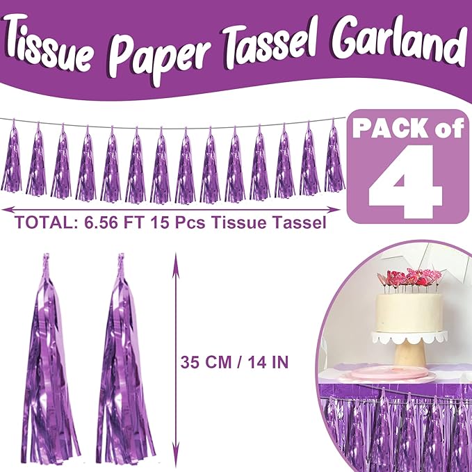 4P Light Purple Foil Fringe Metallic Streamers Banner Tassel Garland - Image 2