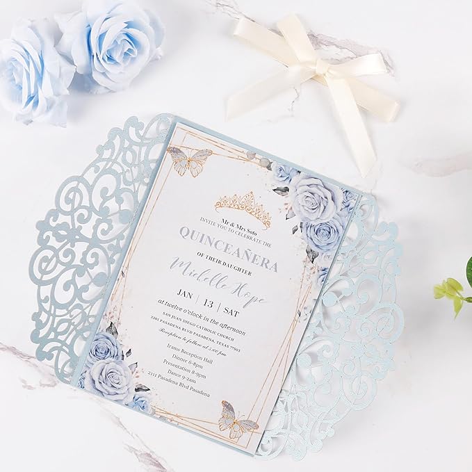50pcs Laser Cut Wedding Invitation Pockets 5x7 '' Dusty Blue Wedding - Image 5