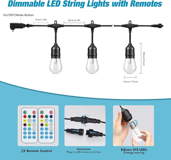 96FT Solar Outdoor String Lights, 30 Shatterproof Edison LED Bulbs, Dimmable - Image 4