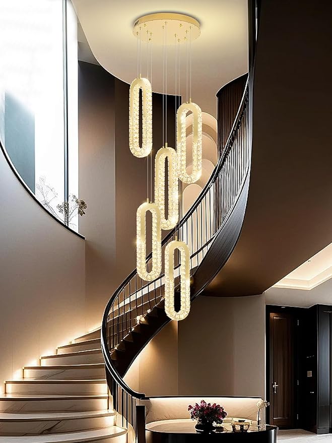 5 Rings Crystal Chandeliers for Staircase Large Pendants Light Fixture Gold by Ykolupty