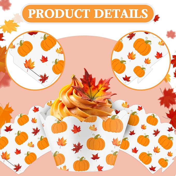 Domensi 100 Pcs Fall Pumpkin Maple Leaf Cupcake Wrappers Rustic Cupcake Liners - Image 5