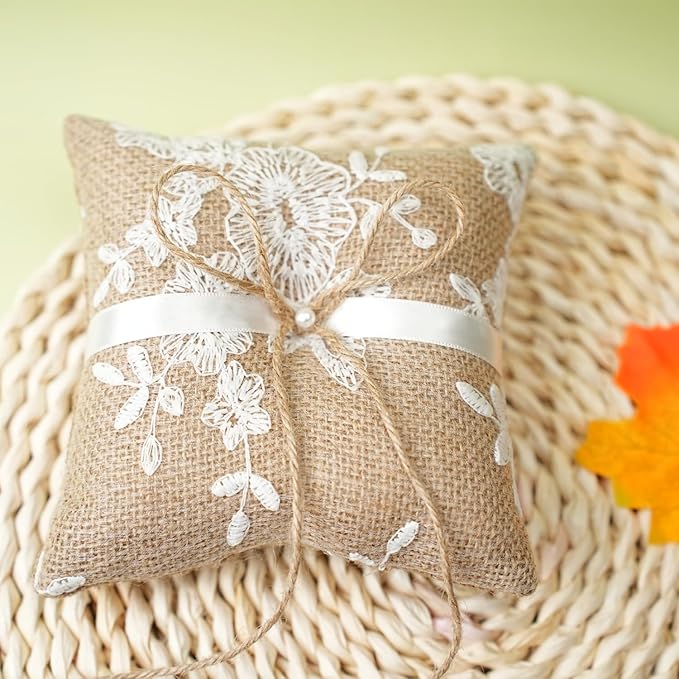 QIRMIZI 2PC Vintage Rustic Burlap Ring Bearer Pillow - Image 3