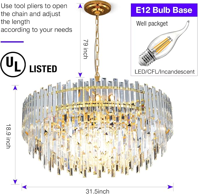 Gold Copper Crystal Chandelier Lighting 31'' - Image 4