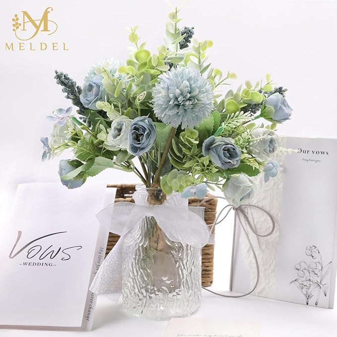 Meldel 3Pcs Rose Bouquet Blue Artificial Flowers Fake Eucalyptus Plants Silk - Image 2