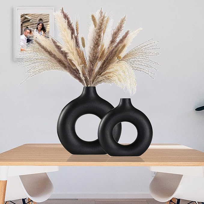Black Ceramic Vase Set of 2 for Modern Boho Decor, Round Matte Pampas Flower - Image 8