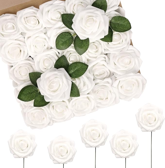 N&T NIETING Artificial Flowers 50pcs Real Touch White Flowers Artificial Roses by NTNIETING