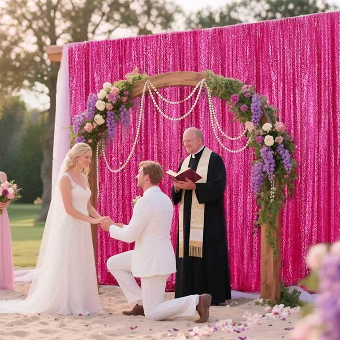 Fuchsia Sequin Backdrop Curtain 2 Pieces 2FTx8FT Glitter Photography Backdrop - Image 2