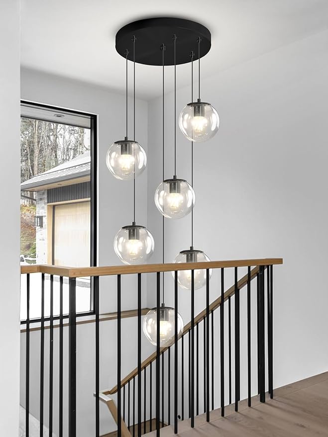 H 87in Modern Glass Globe Chandelier 6-Lights Glass Pendant Light - Image 6