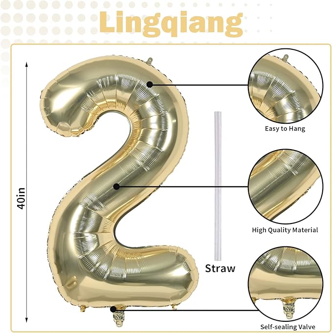 40 Inch Balloon Number 2 Champagne Gold, Large Foil Light Gold Number Balloons - Image 2