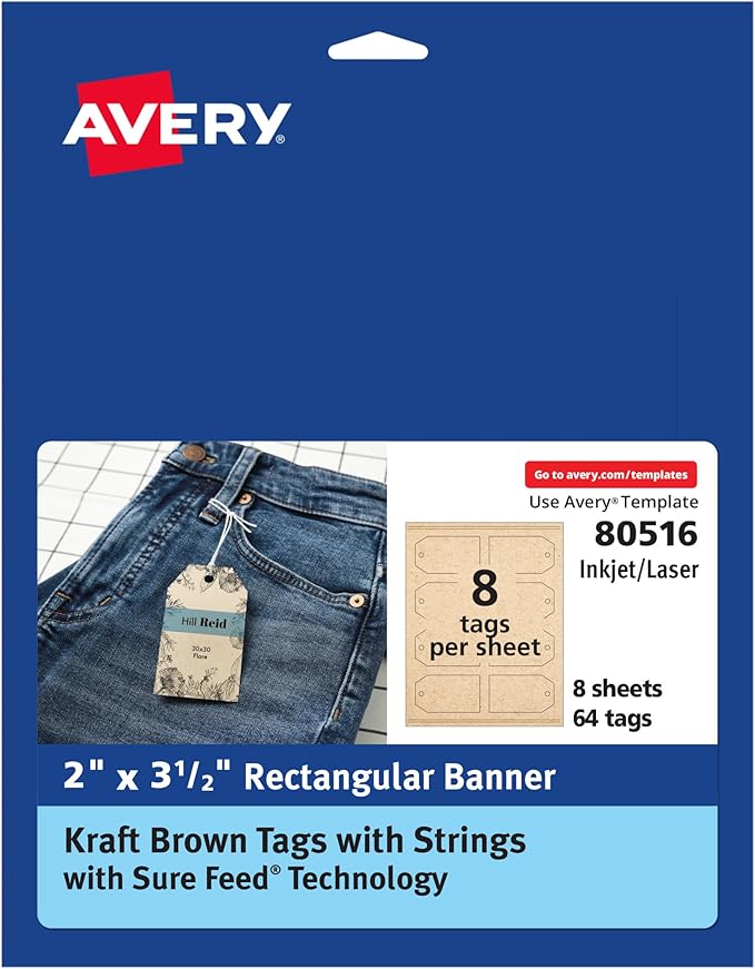 Avery Kraft Brown Banner Tags, Sure Feed Technology, Laser/Inkjet Printable by Avery