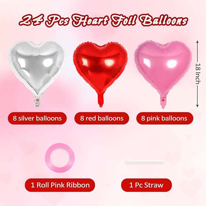 24 Pcs Red Pink Silver Heart Balloons, 18 inch Heart Foil Balloons Love - Image 2