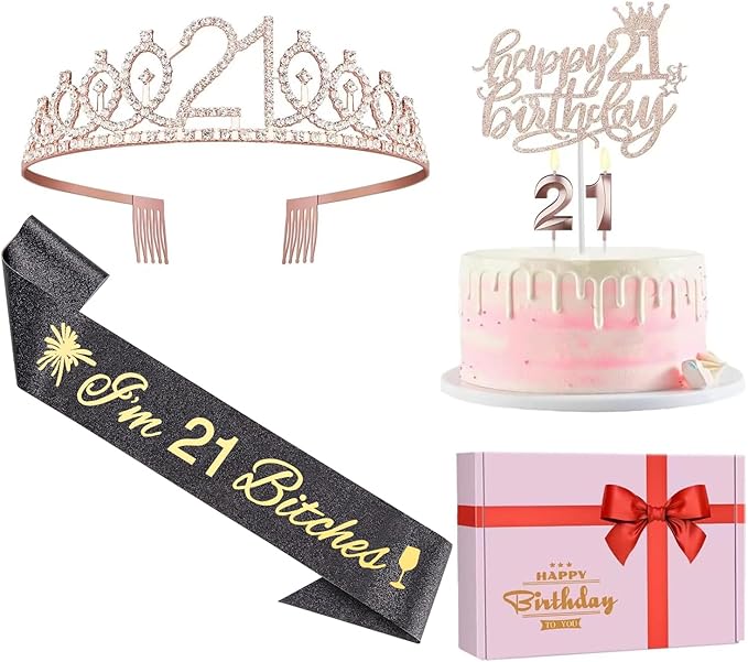 Glitter Black 21st Birthday Sash, Rhinestone Rose Gold Tiara, Cake Topper and by JueslyBirthdayParty