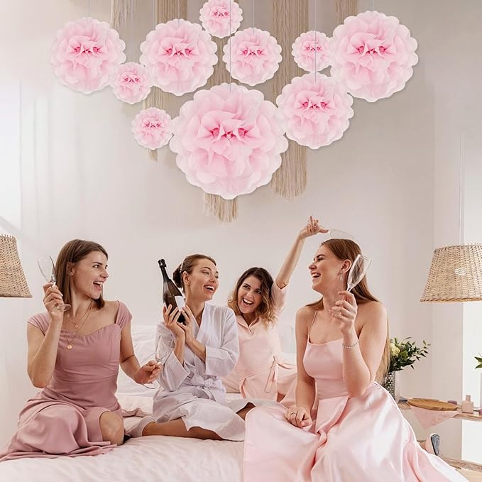 Tissue Paper Pom Poms, Light Pink Tissue Paper Flowers, Hanging Flower Balls - Image 4