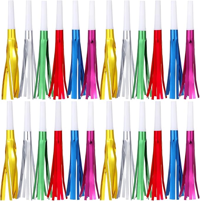 24 Pcs Gold Noise Makers Glitter Metallic Fringed Noise Makers Horns by LCPQMZGH