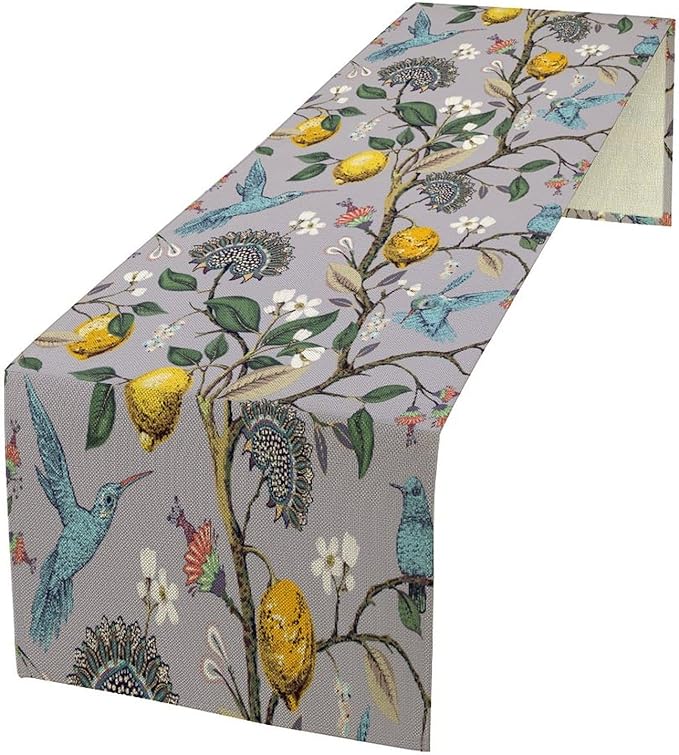 Table Runner with Flowers and Birds, Spring Plant Flowers Table Decoration by ICMOLYYENLO