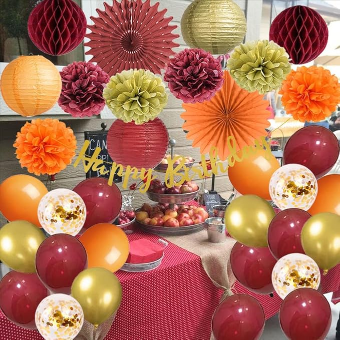 Fall Birthday Decorations Burgundy and Orange Party Decorations Pom Poms - Image 2