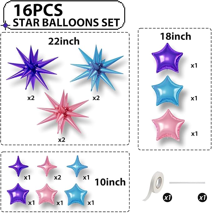 16 Pcs Pink Purple Blue Star Balloons, 22/18/10 Inch Foil Balloons, - Image 2