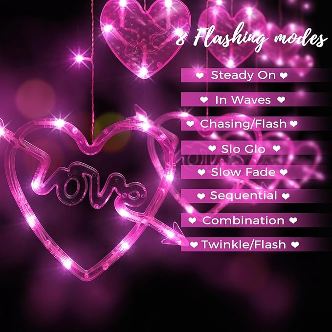Valentines Day Decor, 138LED Love Heart Curtain Lights - Image 4