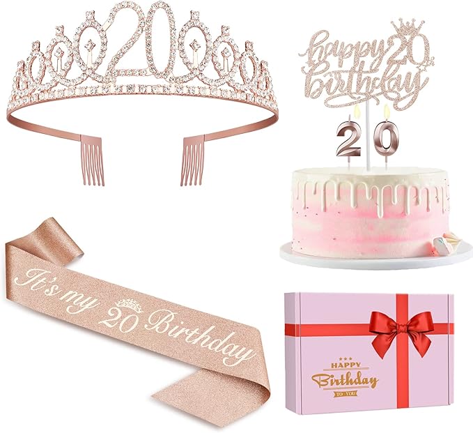20th Birthday Decorations for Women Including Sash, Cake Topper and Candles by JueslyBirthdayParty