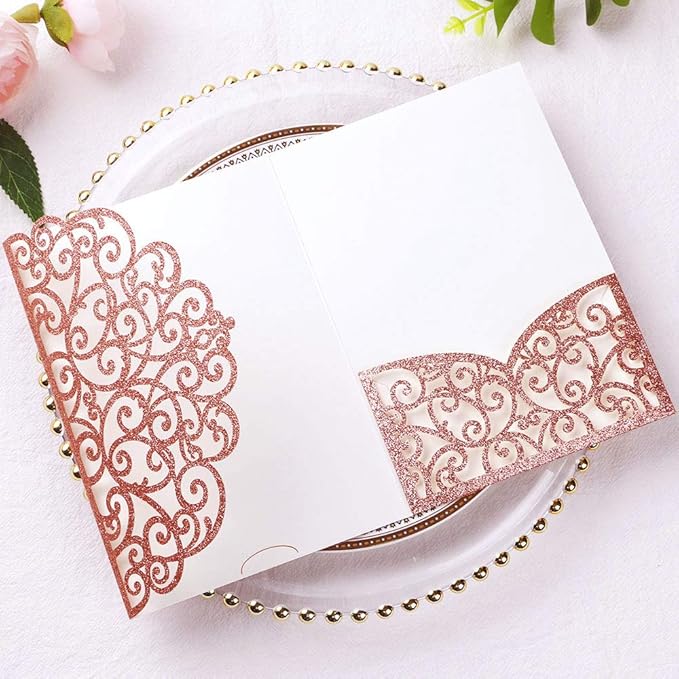 PONATIA 5.12 X 7.2 Rose Gold Glitter Wedding Invitations - Image 4