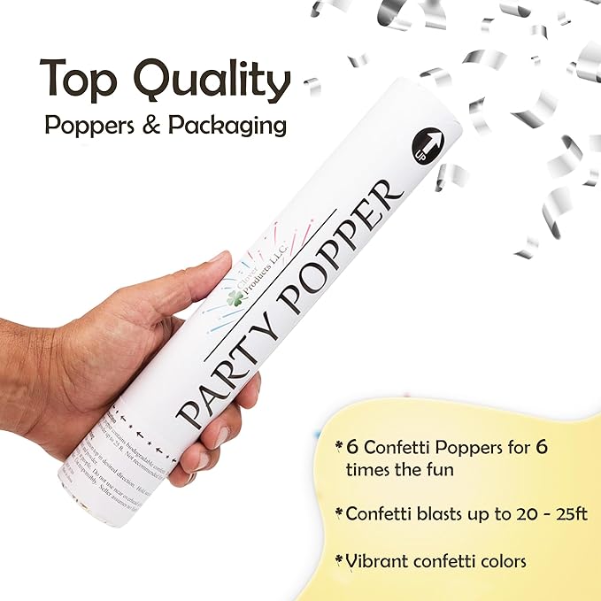 Confetti Cannon 12" – 6 Pack Silver Mylar Confetti Poppers | Party Poppers - Image 5