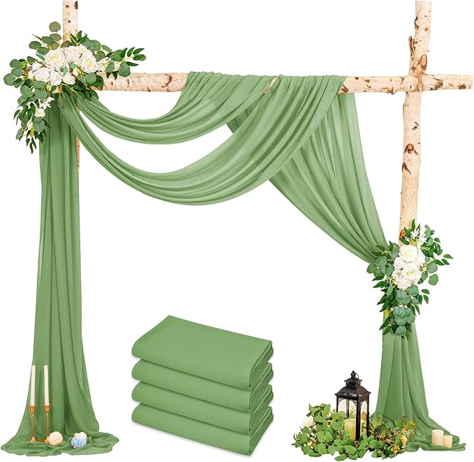 Wedding Arch Drapes, 4 Panels 28" x 20ft Sage Green Sheer Chiffon Curtains by HNPSTBNO