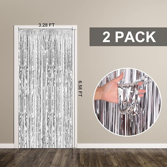 2 Pack Foil Curtain Backdrop Silver Metallic Tinsel Foil Fringe Curtains Photo - Image 7