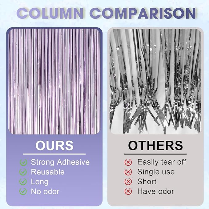 3 Pack 3.3 x 8.2 ft Light Purple Foil Fringe Backdrop Curtains, Tinsel - Image 3