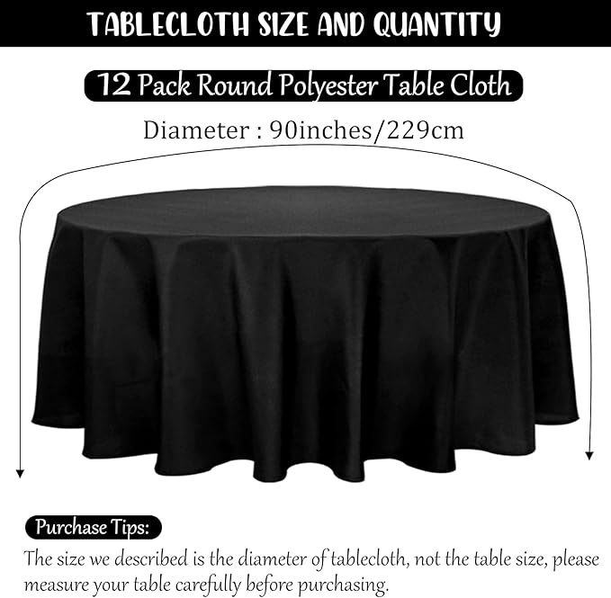 12 Pack Black Round Tablecloth 90 Inch Round Table Covers Bulk Washable - Image 2
