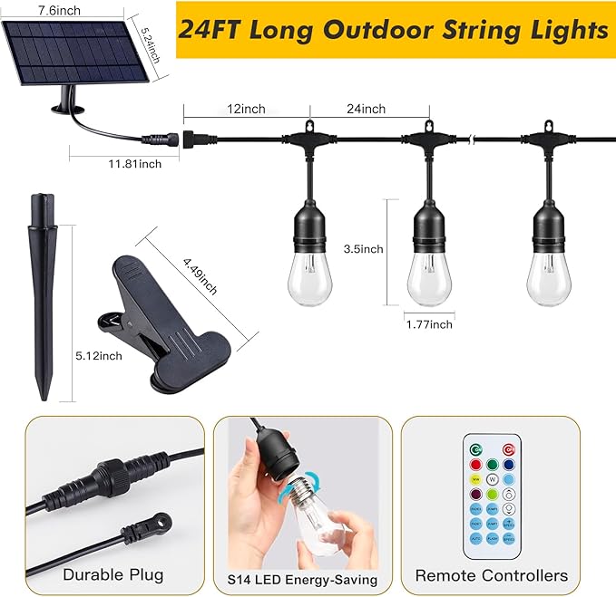 24FT Solar Outdoor String Lights, 12 Shatterproof E26 Edison LED Bulbs - Image 2