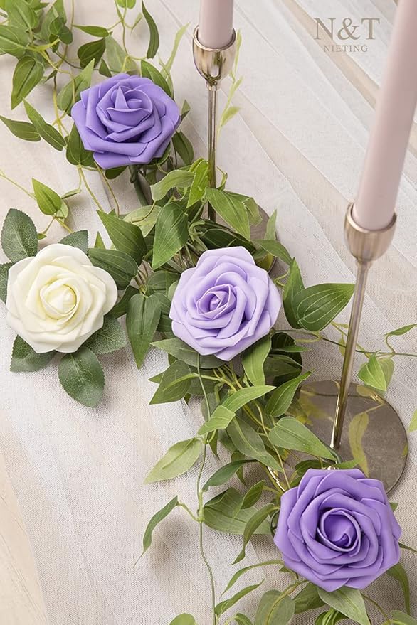 N&T NIETING Artificial Flowers 50Pcs Fake Foam Rose Purple Flowers - Image 5