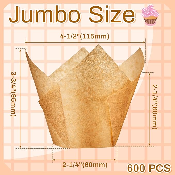 600 Pcs Jumbo Muffin Liners for Baking 2-1/4" x 4" Large Tulip Cupcake Liners - Image 2