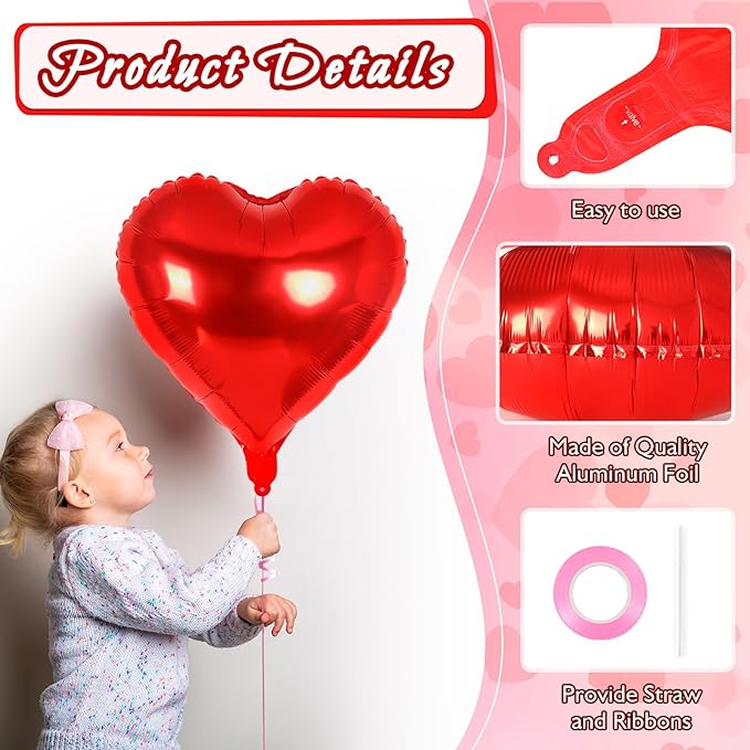 24 Pcs Red Pink Silver Heart Balloons, 18 inch Heart Foil Balloons Love - Image 5