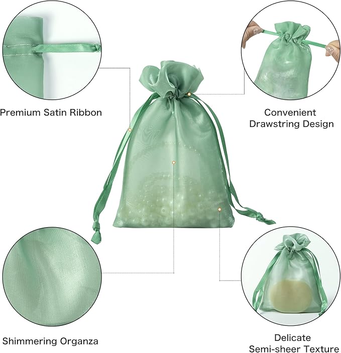 QIANF 20 Pcs Sage Green Small Organza Bags 4X6 inch - Image 2