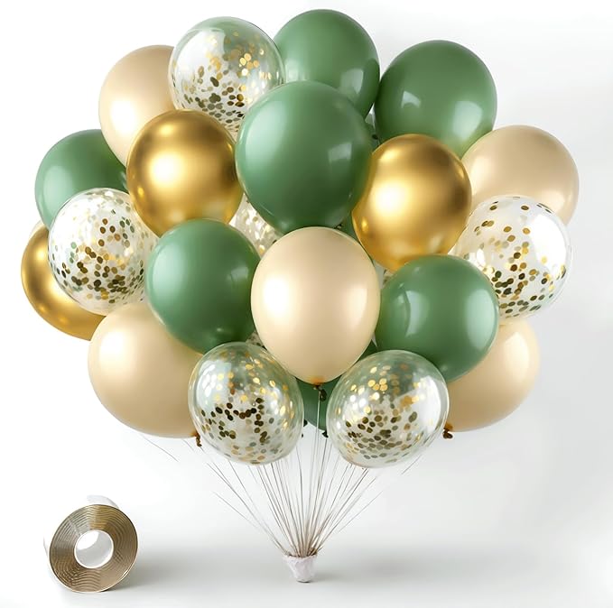 Sage Green Gold Confetti Balloons by Vanjehou