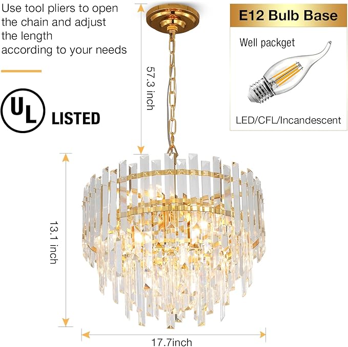 Gold Copper Crystal Chandelier Lighting 17.7'' - Image 4