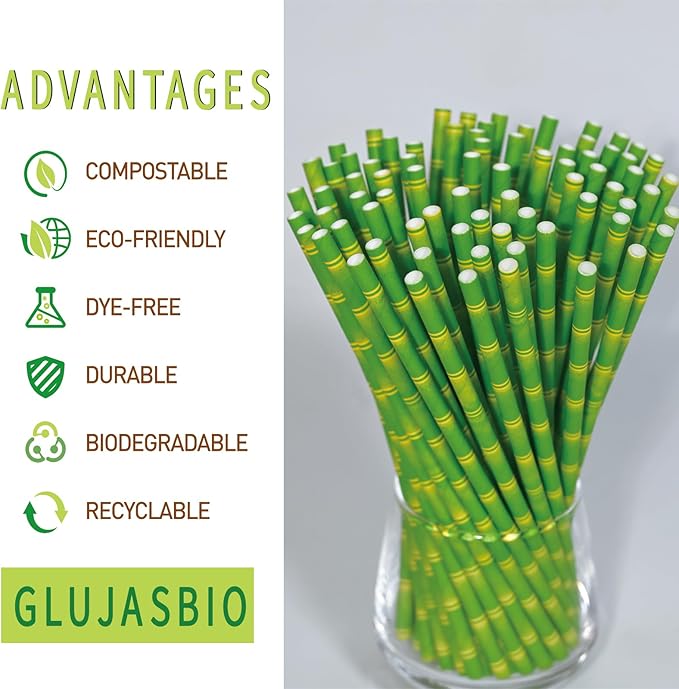 GLUJASBIO 7.75" Green Disposable Paper Straws - Image 2