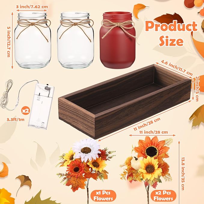3 Pcs Fall Thanksgiving Tables Centerpieces Mason Jar Table Decor Set, - Image 2