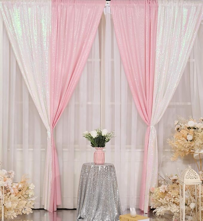 4Pcs 2Ft x 8Ft Pink Sequin Backdrop Curtains, Glitter Photography Background - Image 3