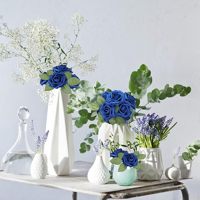 AmyHomie Artificial Flower Royal Blue Rose 25pcs Real Looking Fake Roses w/Stem - Image 3