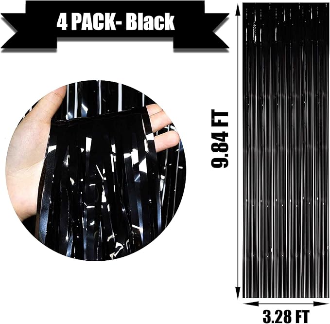 4 Pack Black Foil Fringe Curtain Backdrop, 3.28Ftx9.84Ft Metallic Tinsel Foil - Image 2