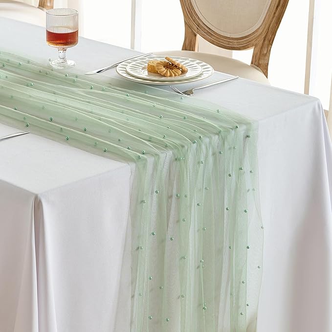 Fanami 1 Pack Pearl Table Runner -10FT Sage Green Boho Tulle Table Runners 120 by Fanami
